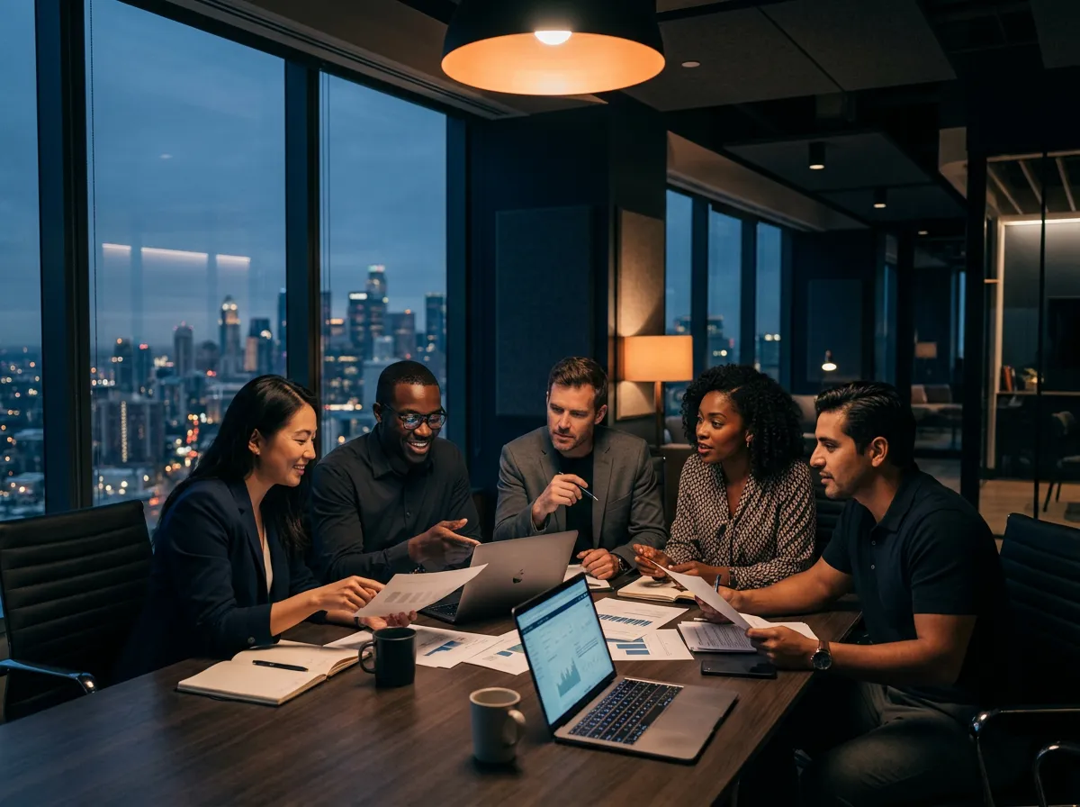 A team of professionals reviewing reports and a laptop together around a meeting table