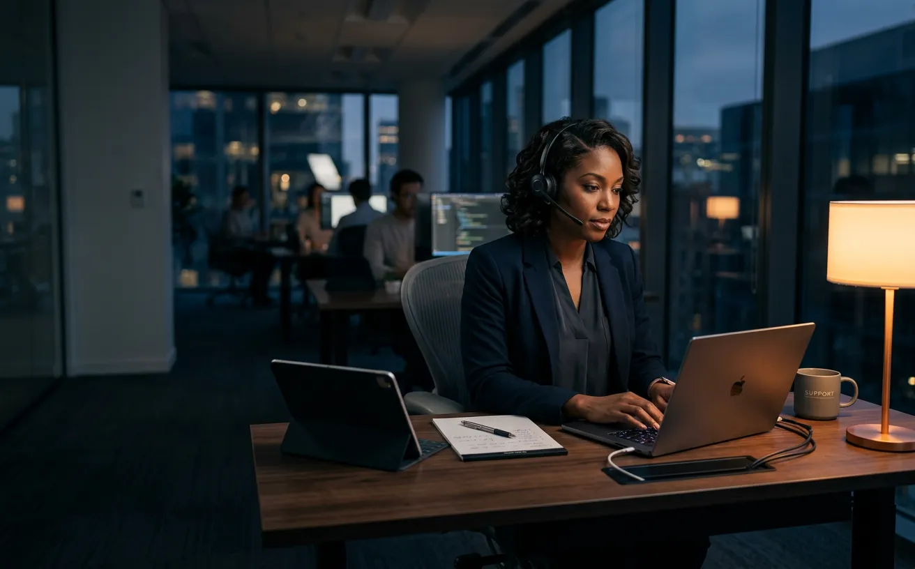 A support professional wearing a headset working at a laptop in an evening office