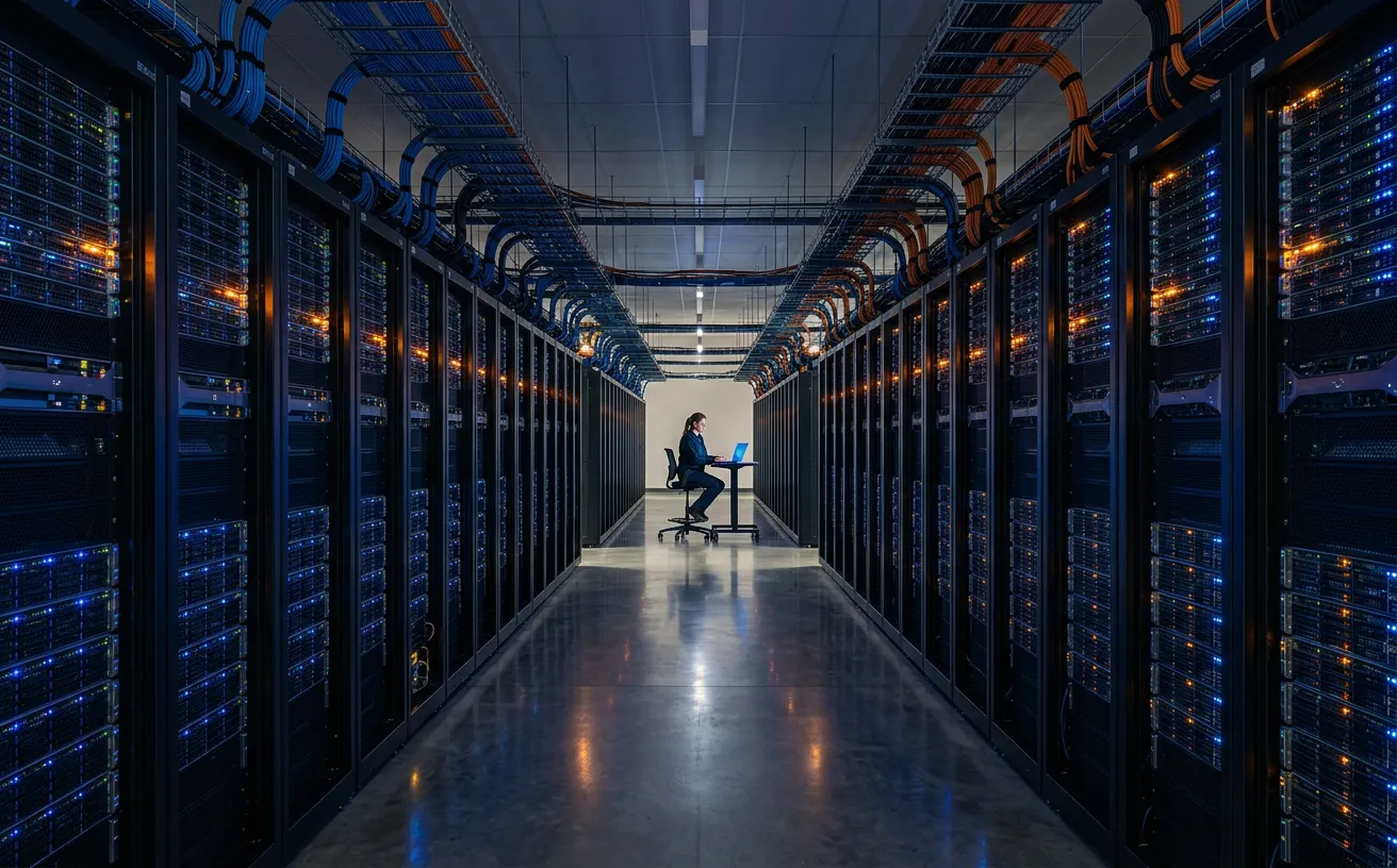 An engineer working at the end of a data center aisle lined with server racks