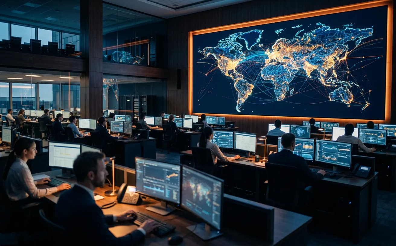 An operations center with a team at workstations and a global network map on the wall